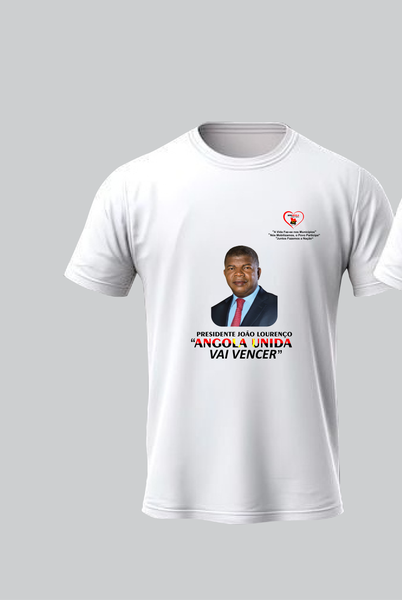 Camisola institucional AMANGOLA - Vista frontal com Presidente João Lourenço e Angola Unida Vai Vencer
